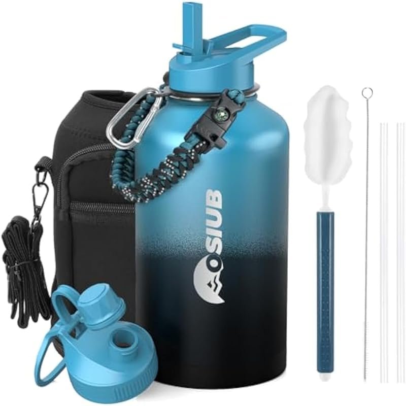 Triple Wall Vacuum Insulated Water Bottle 64 oz, Keeps Cold 48 Hrs, Leak-Proof with Reflective Paracord