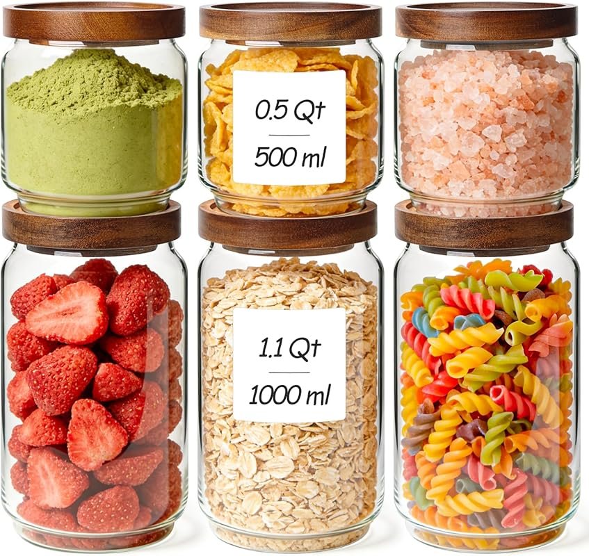 ComSaf 6PCS Glass Pantry Canisters with Acacia Wood Lids, Airtight Sto