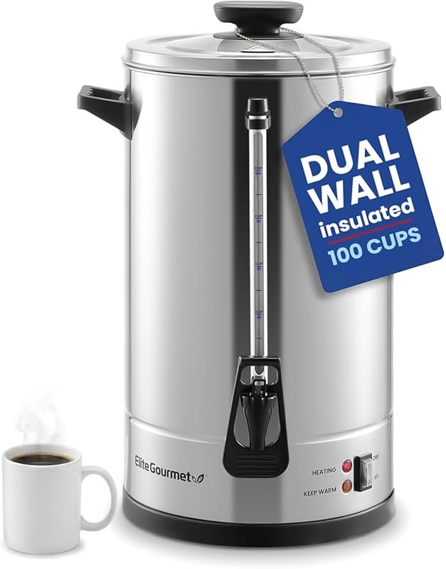 Elite Gourmet 100-Cup Dual-Wall Insulated Coffee Urn Keeps Hot 24 Hour