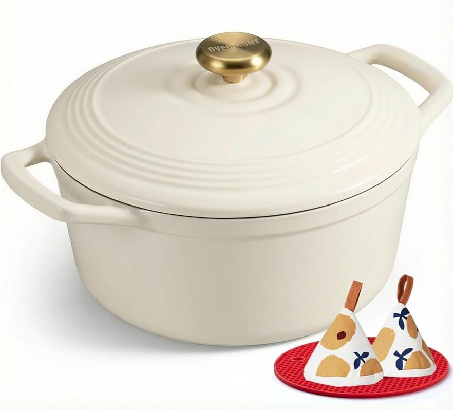 Overmont 5.5QT Enameled Cast Iron Dutch Oven with Lid, Cookbook & Poth