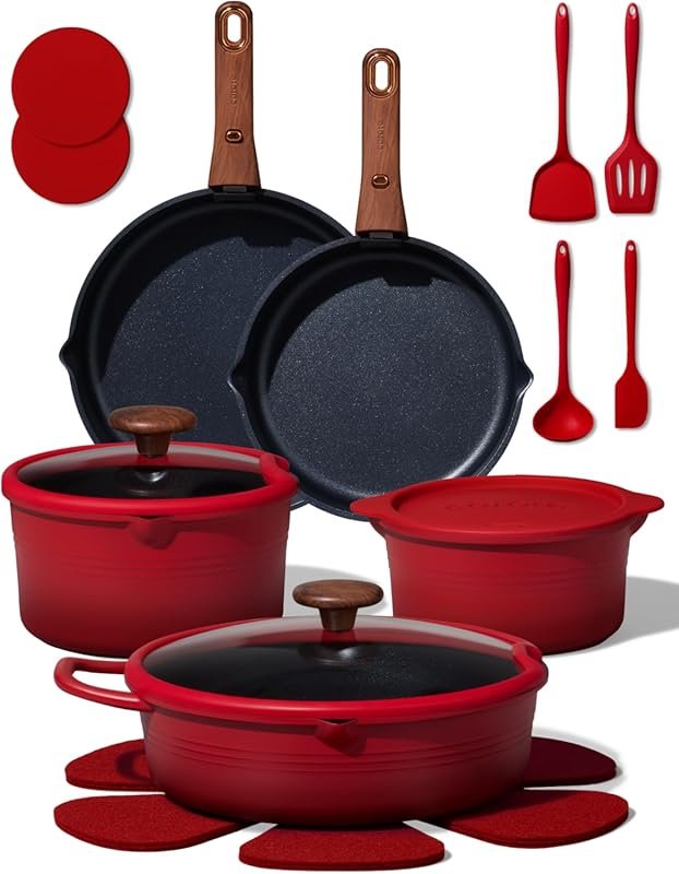 CAROTE 20Pcs Titanium Nonstick Cookware with Detachable Handle, Red, C