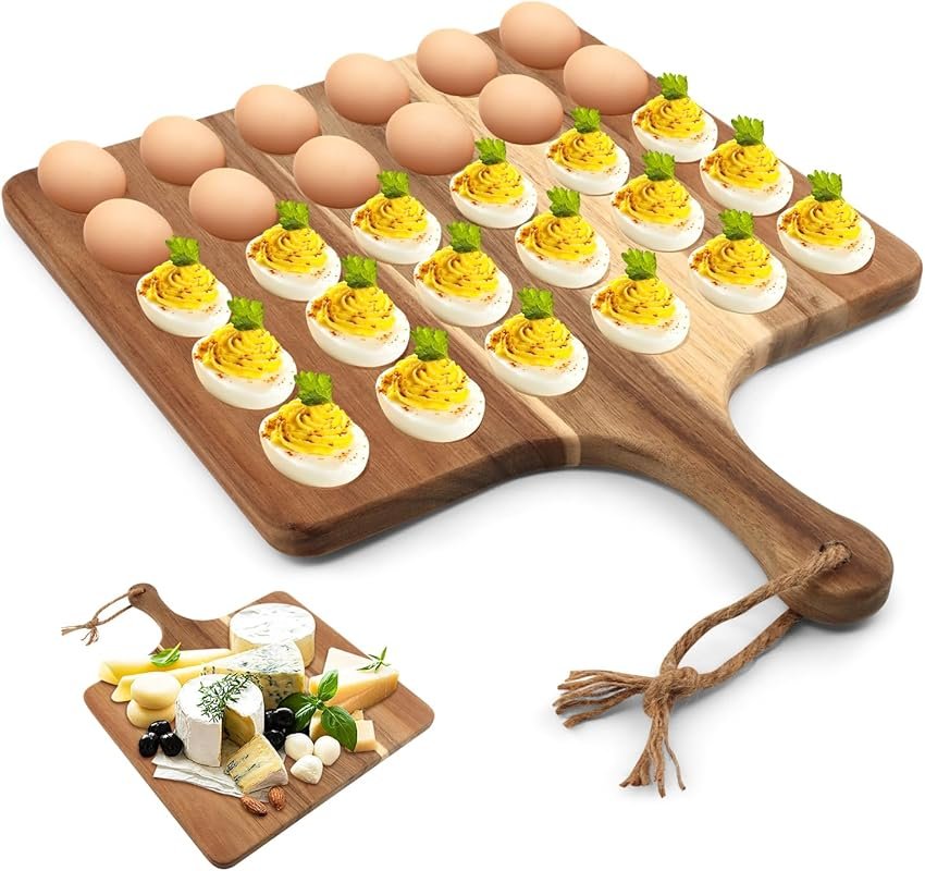 Acacia Wood Deviled Egg Platter with 30 Holes, Multi-Purpose Serving B