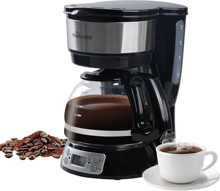 5-Cup Programmable Drip Coffee Maker with Digital Timer & Glass Carafe
