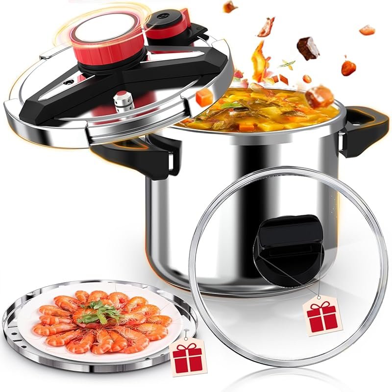 6-quot 18/8 stainless pressure cooker with one-hand lock, glass lid & 