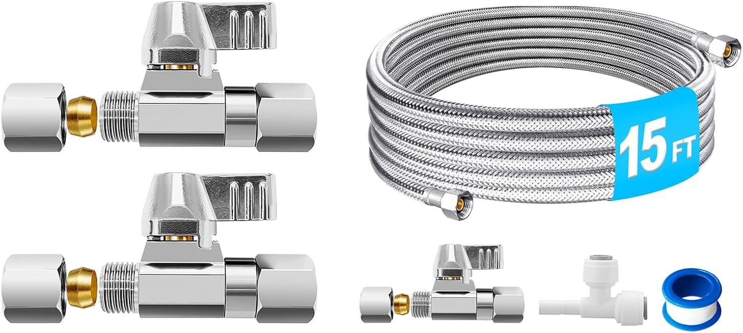 Brass Swivel Valve (2PCS) + 15FT Flexible Line for RO & Fridge Ice Mak