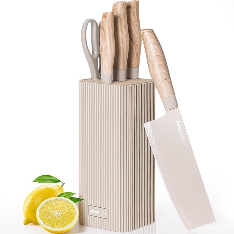 Astercook 6-Piece Kitchen Knife Set with Block, High Carbon Steel, Woo