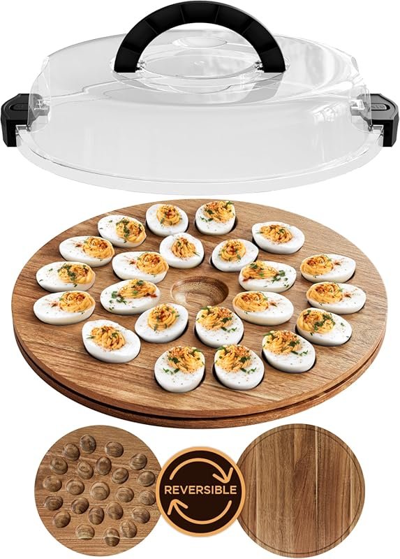 Trauful Reversible Acacia Wood Deviled Egg Carrier with Lid & Handle, 