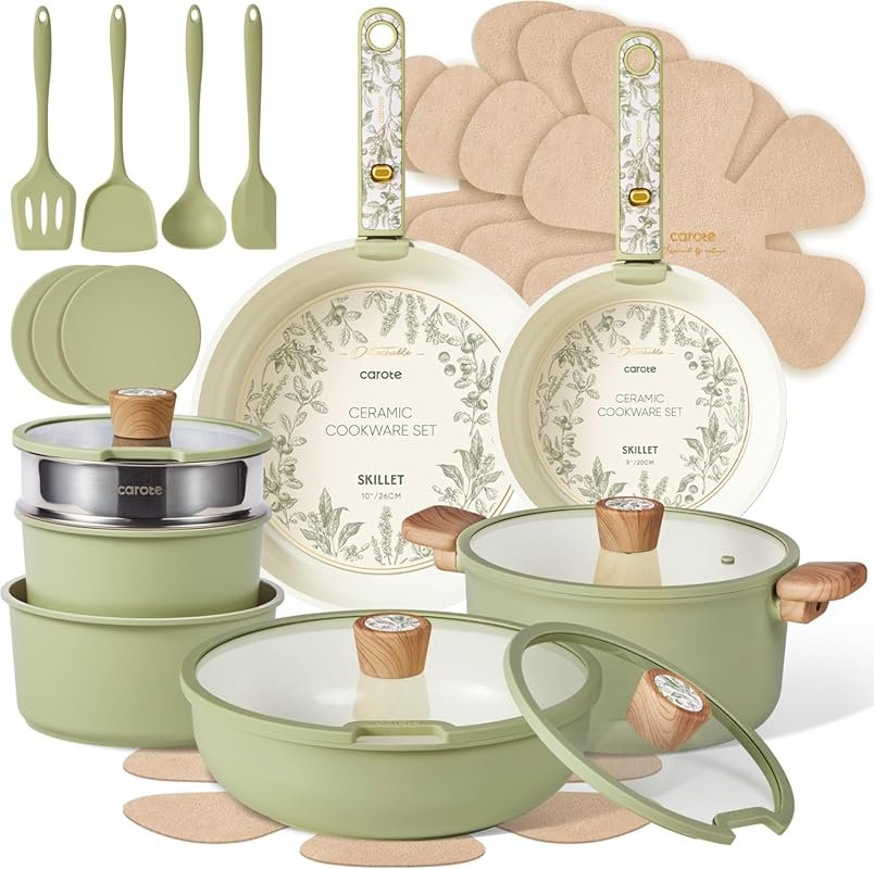 CAROTE 25PC Ceramic Nonstick Cookware with Detachable Handle – Inducti