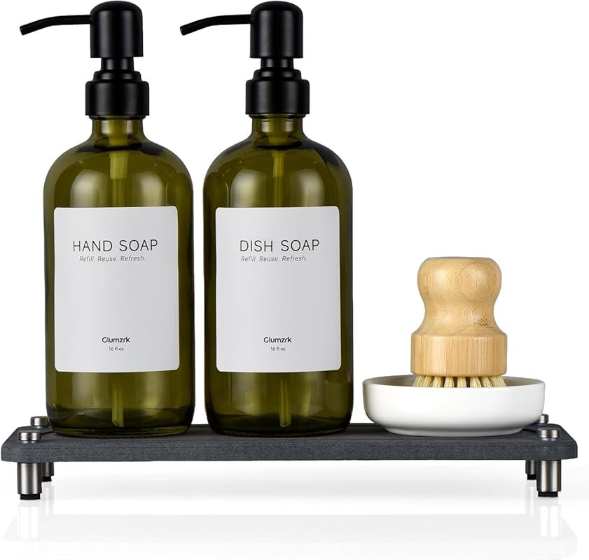2 Pack 16oz Green Glass Dish & Hand Soap Dispensers with Stainless Ste