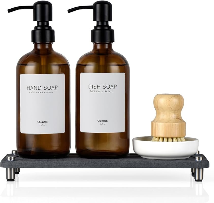2 Pack 16oz Amber Glass Dish & Hand Soap Dispensers with Stainless Ste