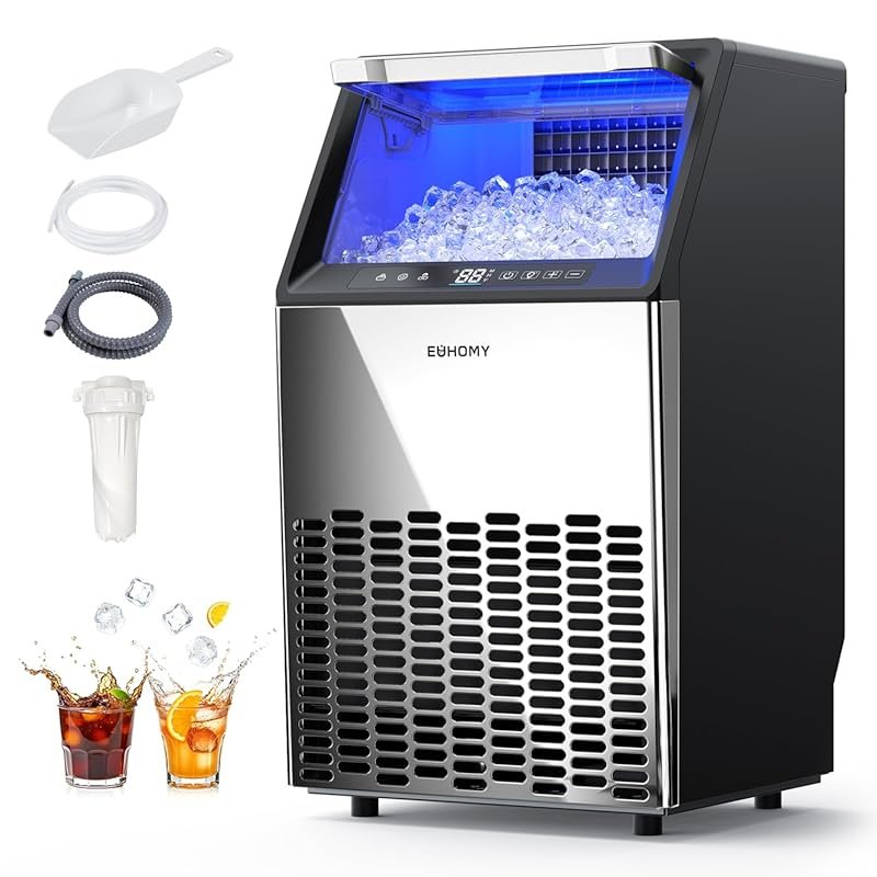 EUHOMY Commercial Ice Maker, 100LBS/24H, 33LBS Storage, Mirror-Polishe