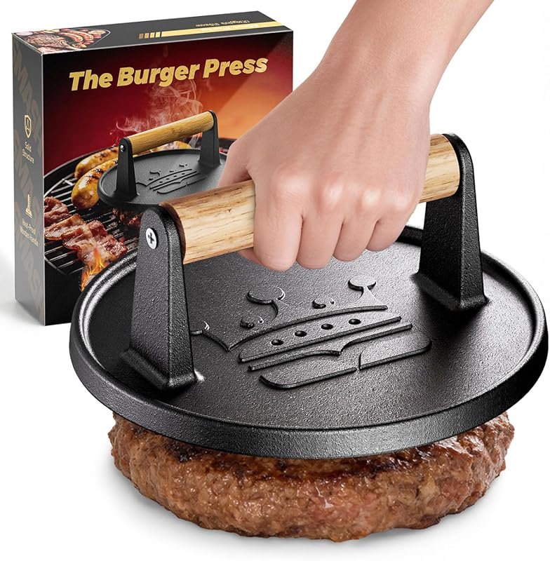 Smash Burger Press 6.5” – Cast Iron Smasher with Wood Handle for Bacon