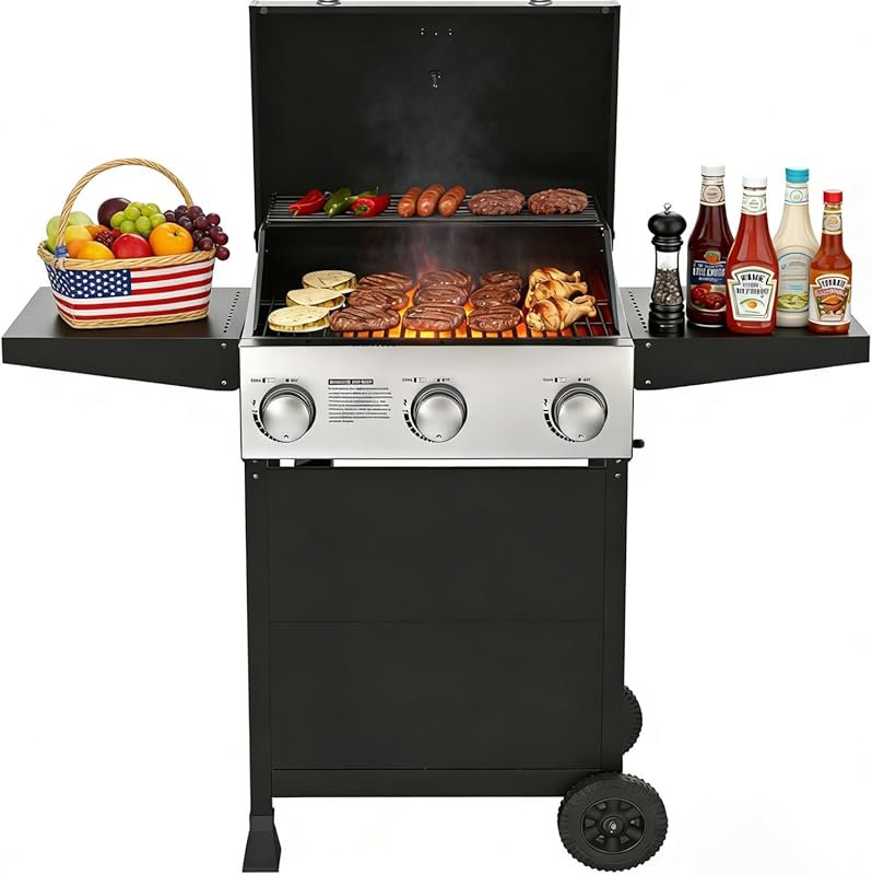 Veralune 3-Burner Propane Gas Grill with Wheels & Stainless Steel for 