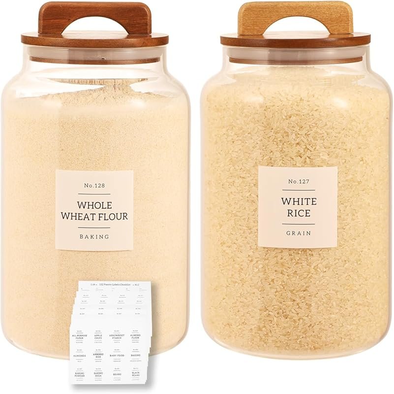 2-Pack 1-Gallon Glass Containers with Bamboo Lids & 132 Pantry Labels 