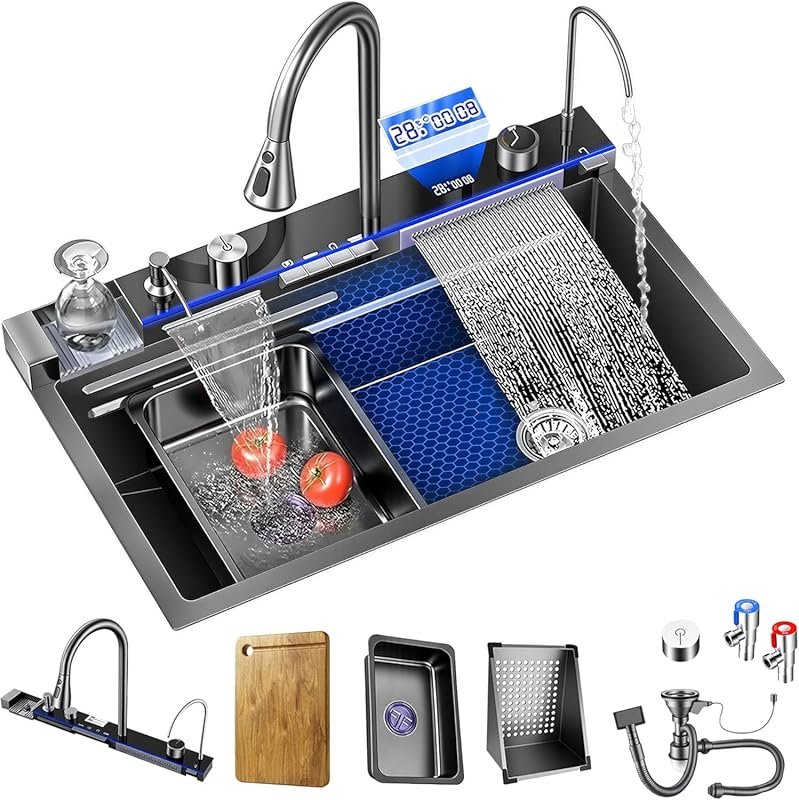 Smart Waterfall Kitchen Sink with Digital Display, 31.5x17.7 Inch Pull