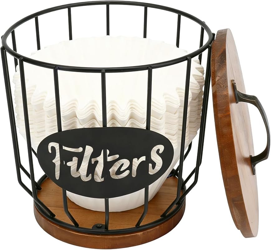 Black Wire Coffee Filter Holder with Wood Lid, Large Capacity Storage 