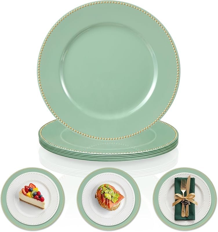 Sage Green Charger Plates with Gold Beaded Rim – 13