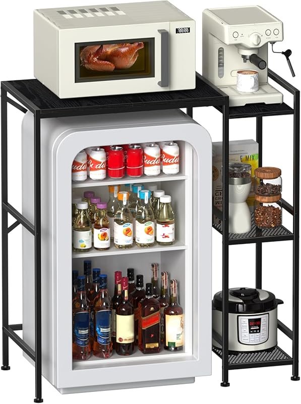 NANANARDOSO Mini Fridge Stand with Metal Wood Storage Shelves, Bakers 