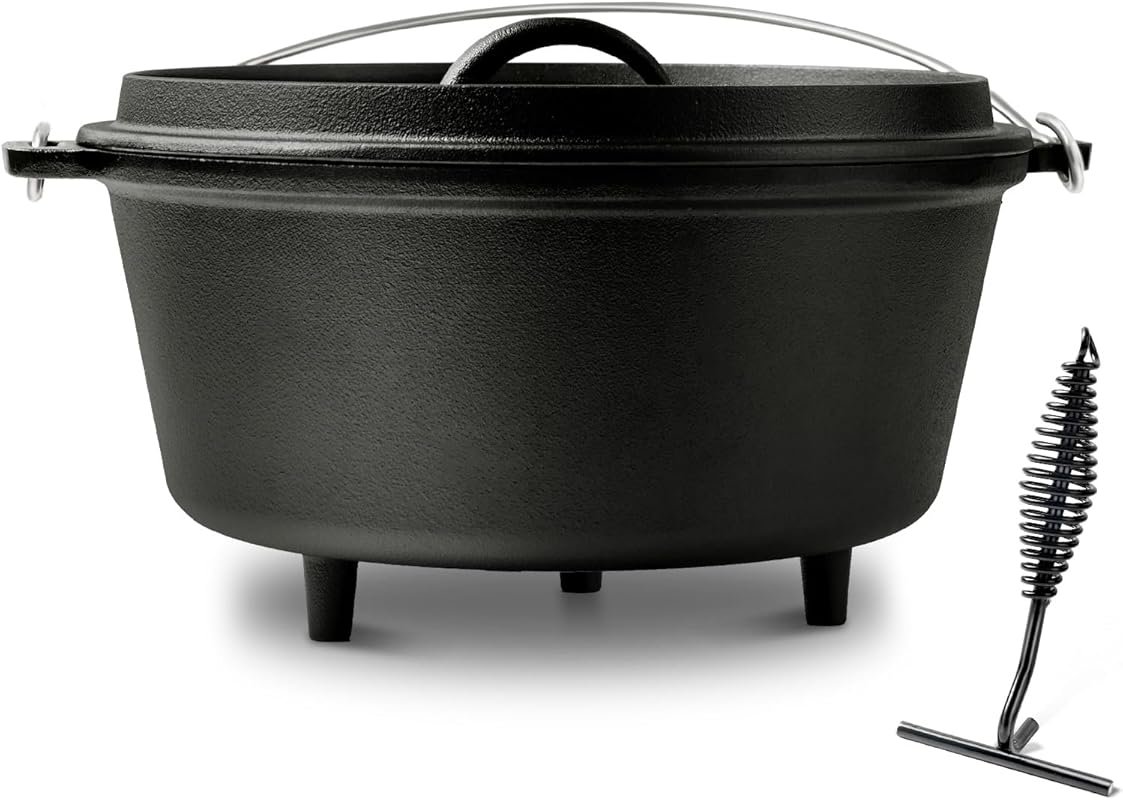 8QT Pre-Seasoned Cast Iron Camp Dutch Oven with Lid & Lifter for Outdo