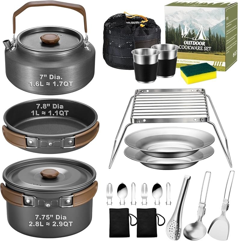 Joyfair 18Pcs Nonstick Camp Mess Kit with Pot, Pan, Kettle & Grill Gra