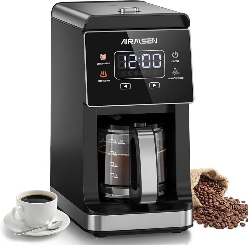 AIRMSEN Grind & Brew Coffee Maker, Programmable, 5 Cup Capacity, Auto 