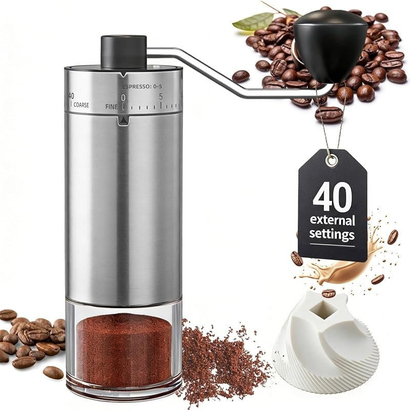 40 External Adjustable Ceramic Burr Manual Grinder, Portable for Espre
