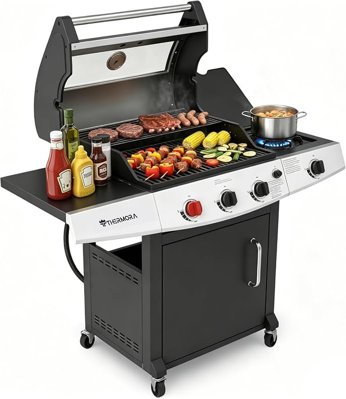 4-Burner 50K BTU Propane Grill with Side Burner & Porcelain Grates for