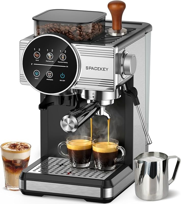 Spacekey Espresso Machine with Grinder, 20 Bar Pressure & 30 Grind Set