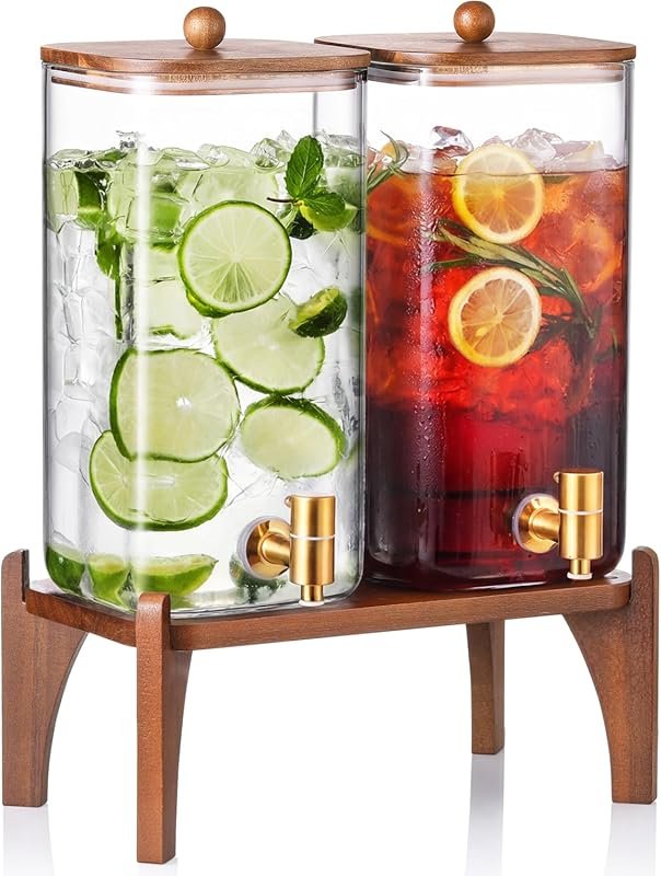 2 Pack 1.5 Gallon Square Glass Drink Dispenser with Wood Stand & Lid f