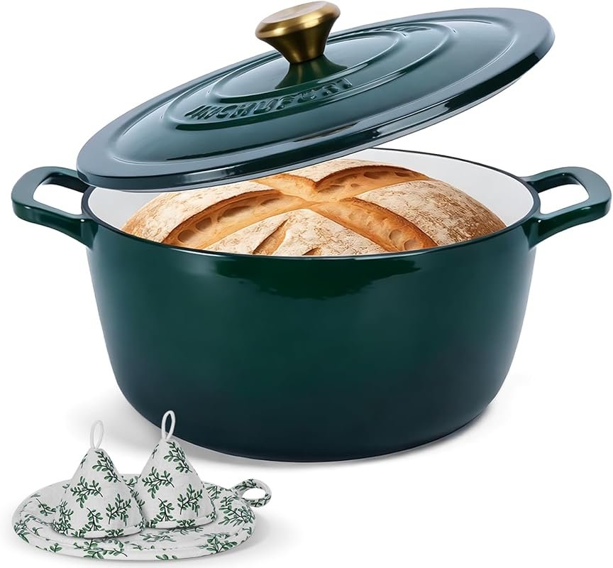 5QT Pre-Seasoned Enameled Cast Iron Dutch Oven for Sourdough Baking & 