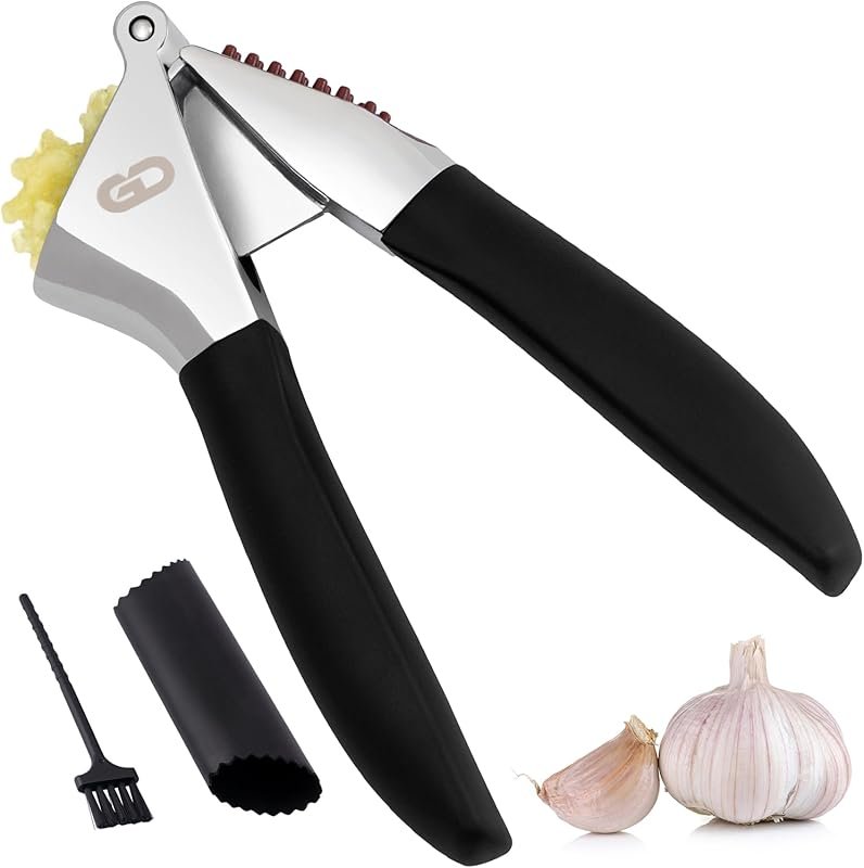 Heavy Duty Garlic Crusher with Ergonomic Handles, Cleaning Brush & Sil