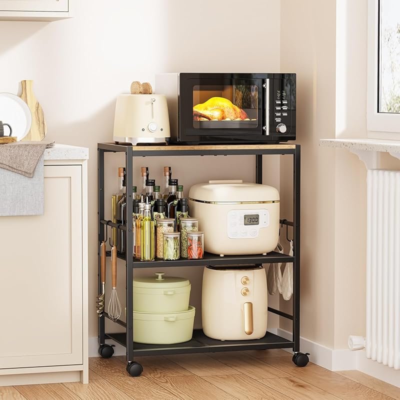 Rolling Kitchen Microwave Cart with Adjustable Shelf, Lockable Wheels,
