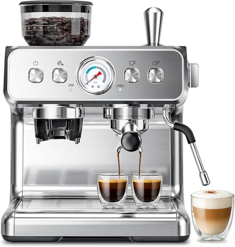 Kismile Espresso Machine with Built-in Grinder, 20 Bar, Milk Frother &