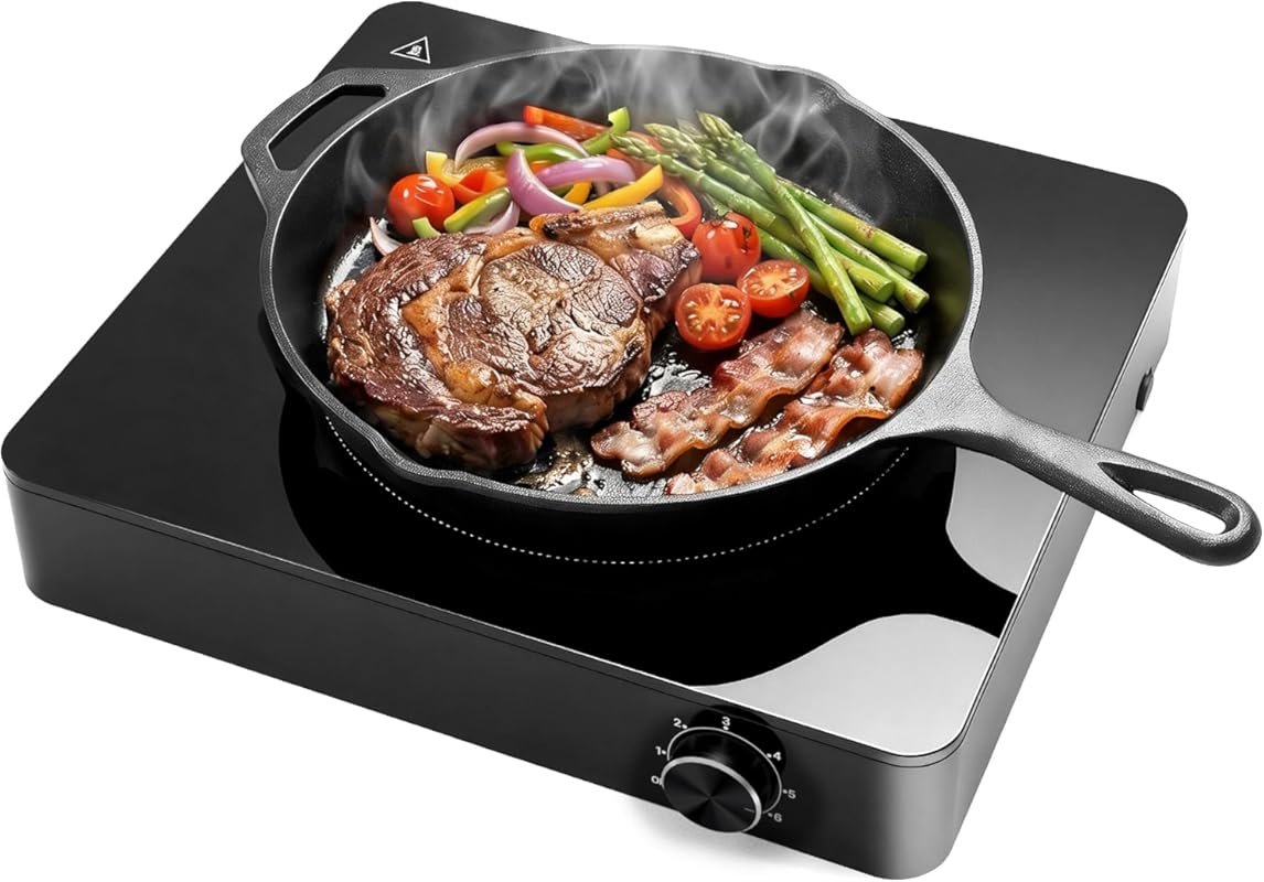 Single Burner Electric Cooktop 1200W with 6 Power Levels & Knob Contro