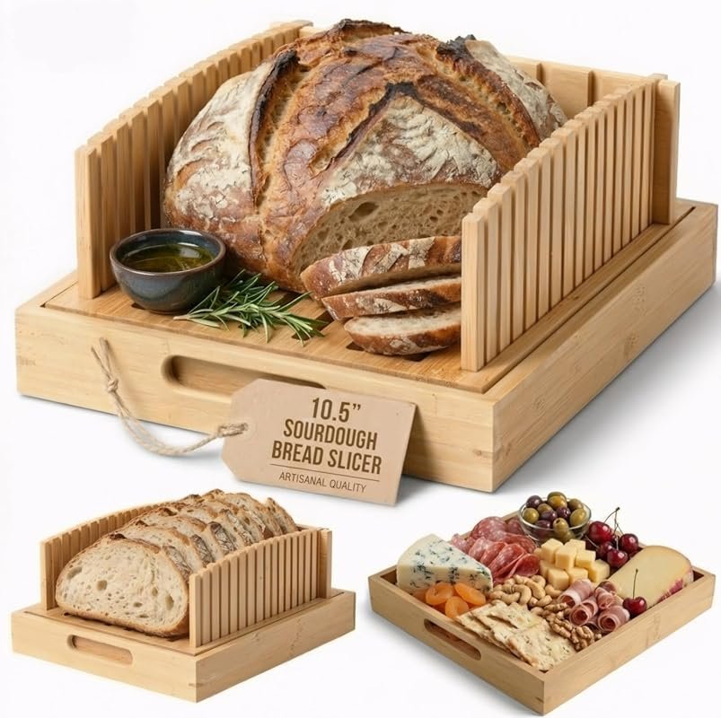 Bamboo Bread Slicer with Crumb Catcher & Serving Board