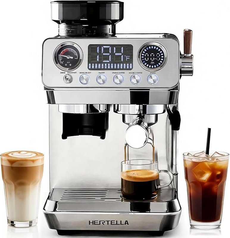 HERTELLA Espresso Machine with Burr Grinder – 20 Bar with Visual Press