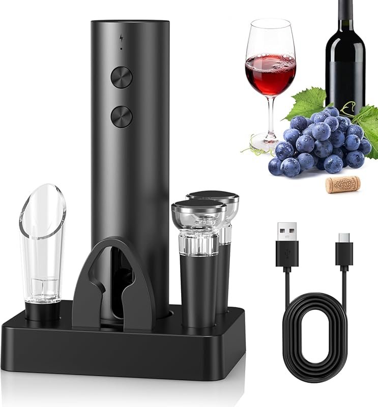 Rechargeable Electric Wine Opener with 6-in-1 Functions, Foil Cutter &