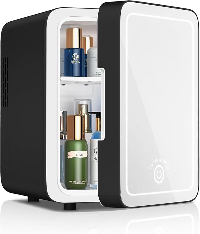 CUTIEWORLD Makeup Fridge with Dimmable LED Mirror, 4L Portable Mini Re