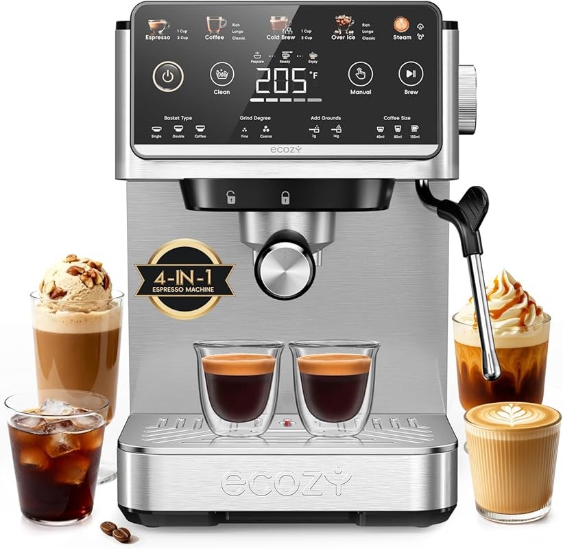ecozy 4-in-1 Espresso Machine with Milk Frother, Cold Brew, Touch Scre