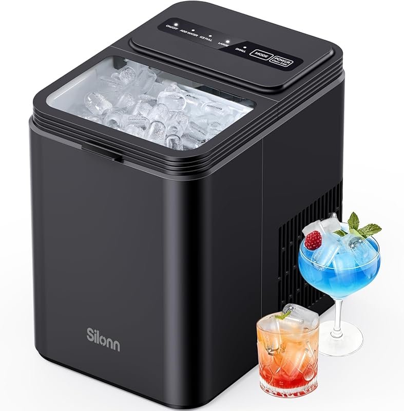 Silonn Bullet Ice Maker Makes 26.5 Lbs Daily, 8 Cubes in 6 Mins, Self-