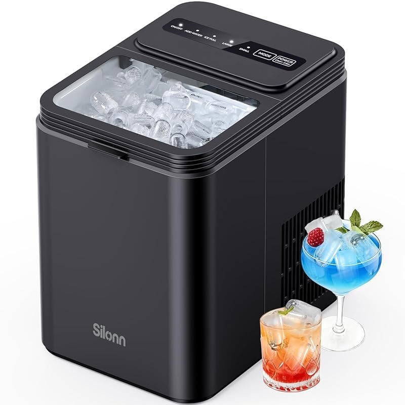 Silonn Countertop Bullet Ice Maker: 9 Cubes in 6 Mins, 26.5lbs/24H, 2 