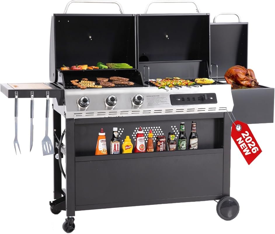 3-Burner Dual Fuel Gas & Charcoal Combo Grill with Offset Smoker, 30,0