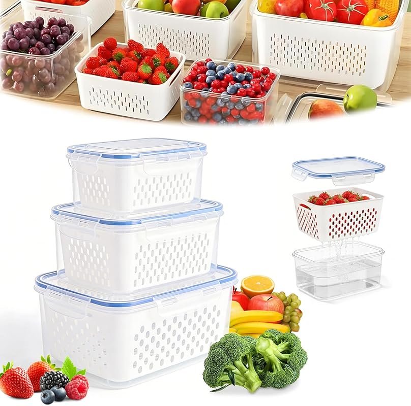 4 in 1 Fruit Storage Containers for Fridge – Includes Drain Basket, Mu