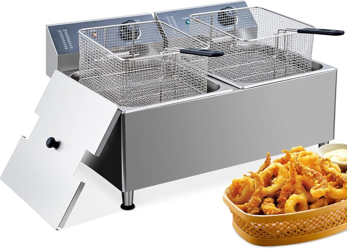 22L Electric Deep Fryer with Basket & Lid, 3400W 304 Stainless Steel f