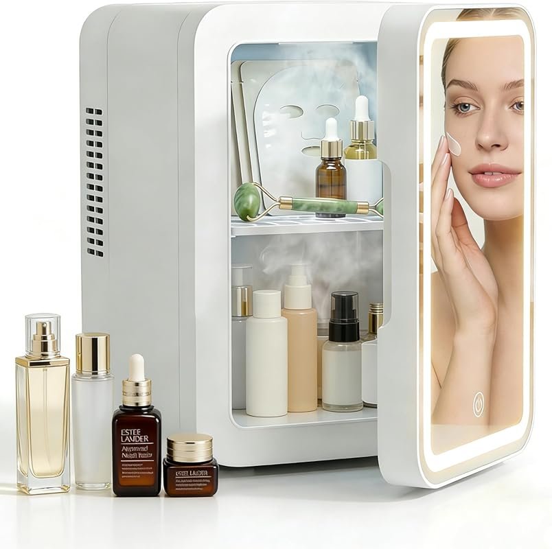 Lispin Mini Fridge with Dimmable LED Mirror, Skincare Cooler & Warmer 
