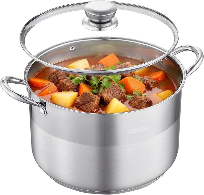 VEVOR 12QT Stainless Steel Stock Pot with Glass Lid, PFOA-Free, Induct