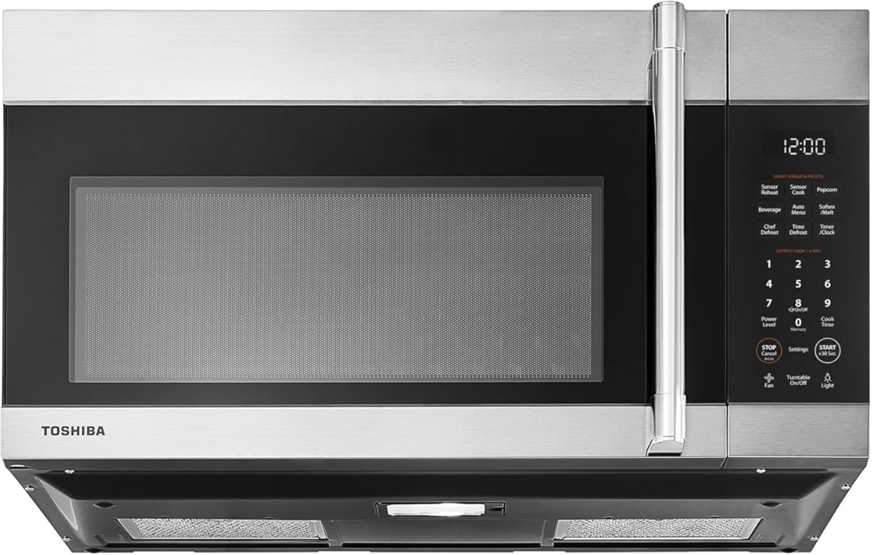 TOSHIBA 1.9 CuFt Over Range Microwave with Sensor Cook, Soft Close Doo