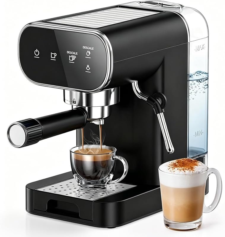 Touchscreen espresso maker with steam milk frother, 20-bar pressure, a