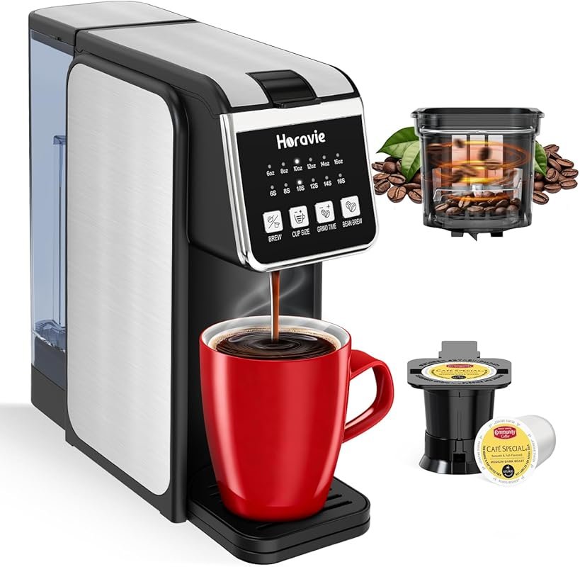 Horavie Single Serve Coffee Maker with Built-in Grinder for Whole Bean