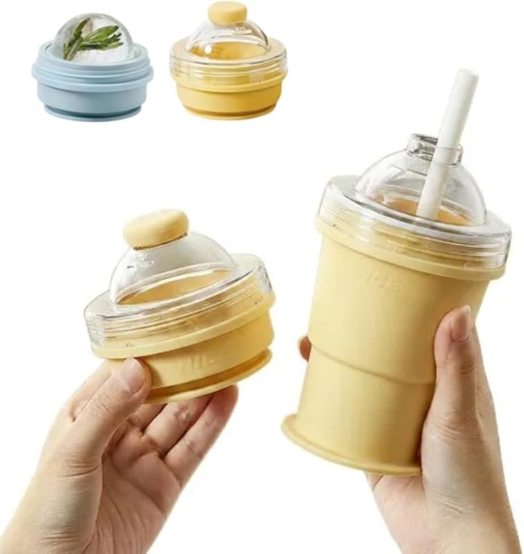 2-in-1 Portable Ice Ball Maker Bottle with Foldable Silicone Tray for 